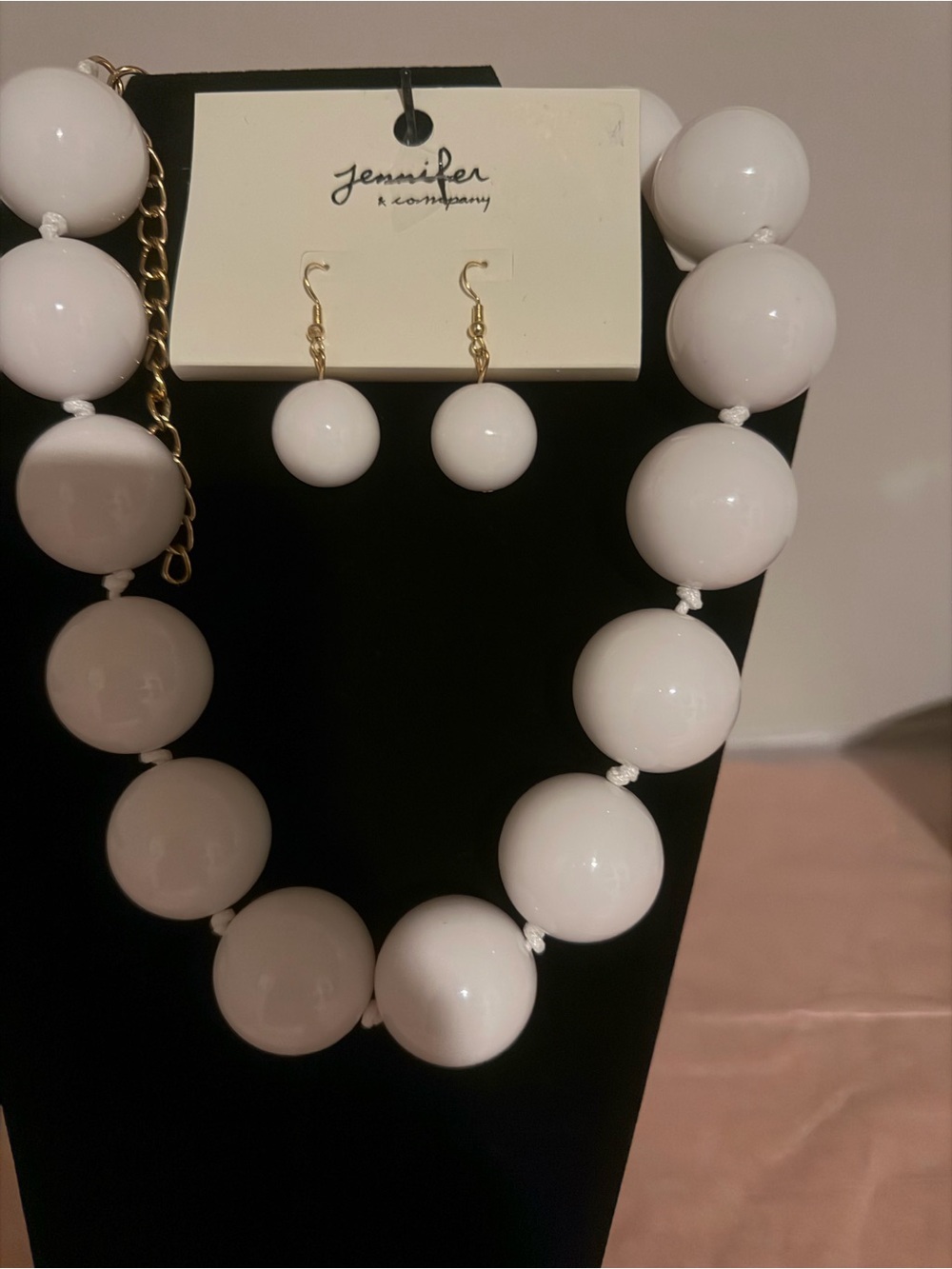 White Bead Necklace with Matching Drop Earrings